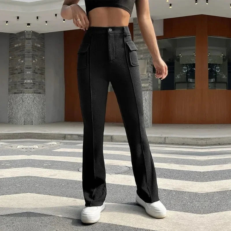 nvxiot - 2024 New Women's Gothic Wear Instagram Street Pocket Slim Fit Solid Color Elastic Micro Flap Pants Casual Y2k Women Pants YSQ23