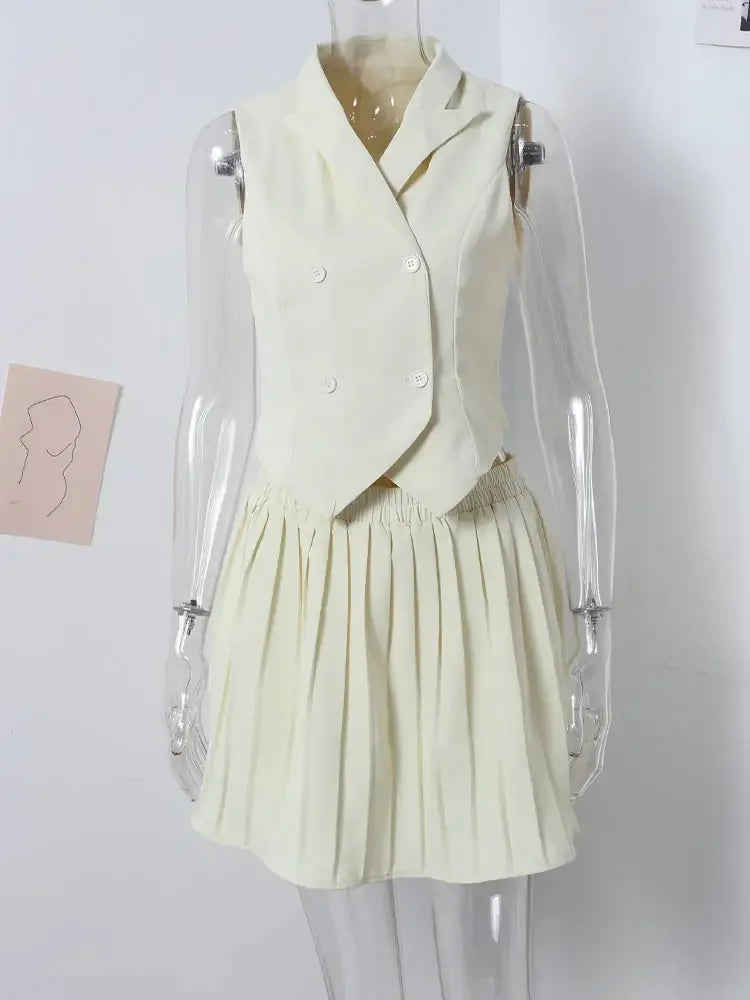 MQTIME - Pleated Skirt Suit Women Lapel Double-breasted Slim Top Vest Mini Skirts 2024 Summer Elegant Female Office Lady 2 Piece Set