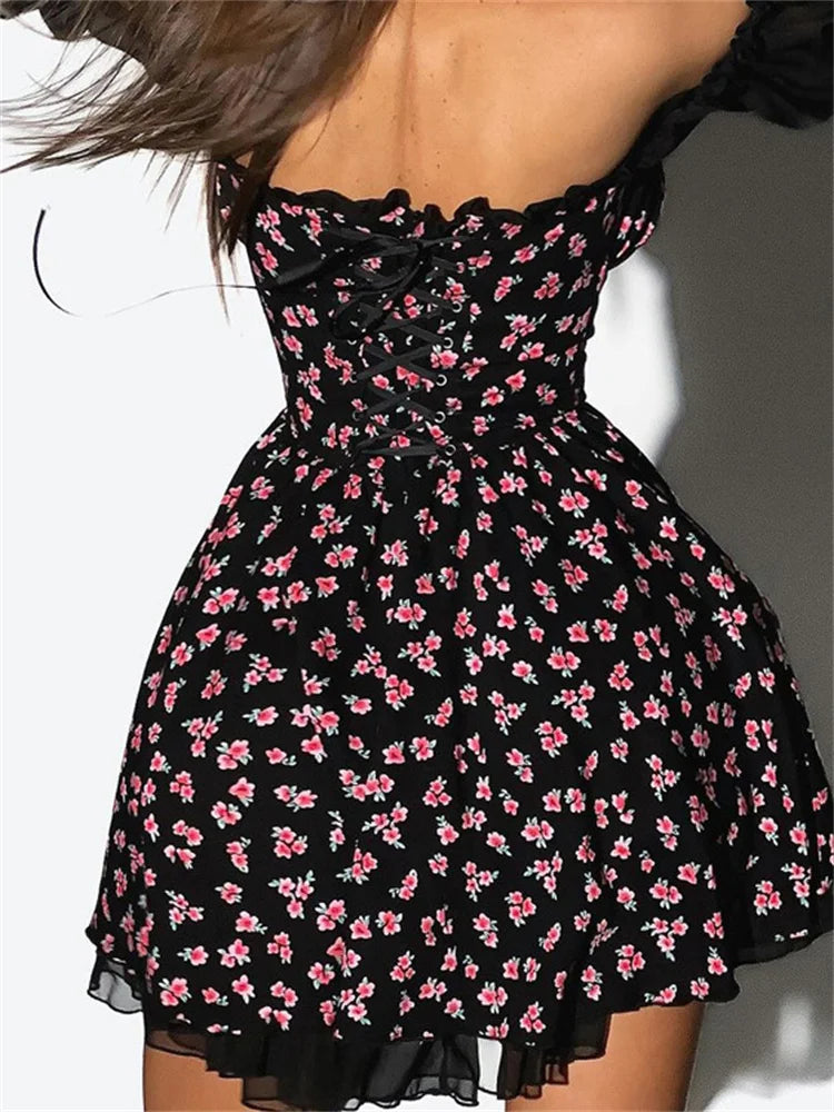 nvxiot - Fashion Printed Off-Shoulder Mini Dress Women's Ruffled See-Through Long Sleeve Bandage Patchwork Dress Female Clothes New