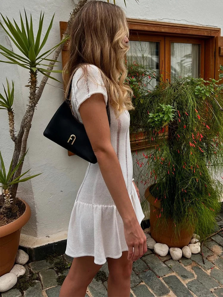 nvxiot - Sexy Hollow Out Dress For Women Summer Slim Short Sleeve Patchwork Ruffle Dresses Women's Vacation Casual Party Dress