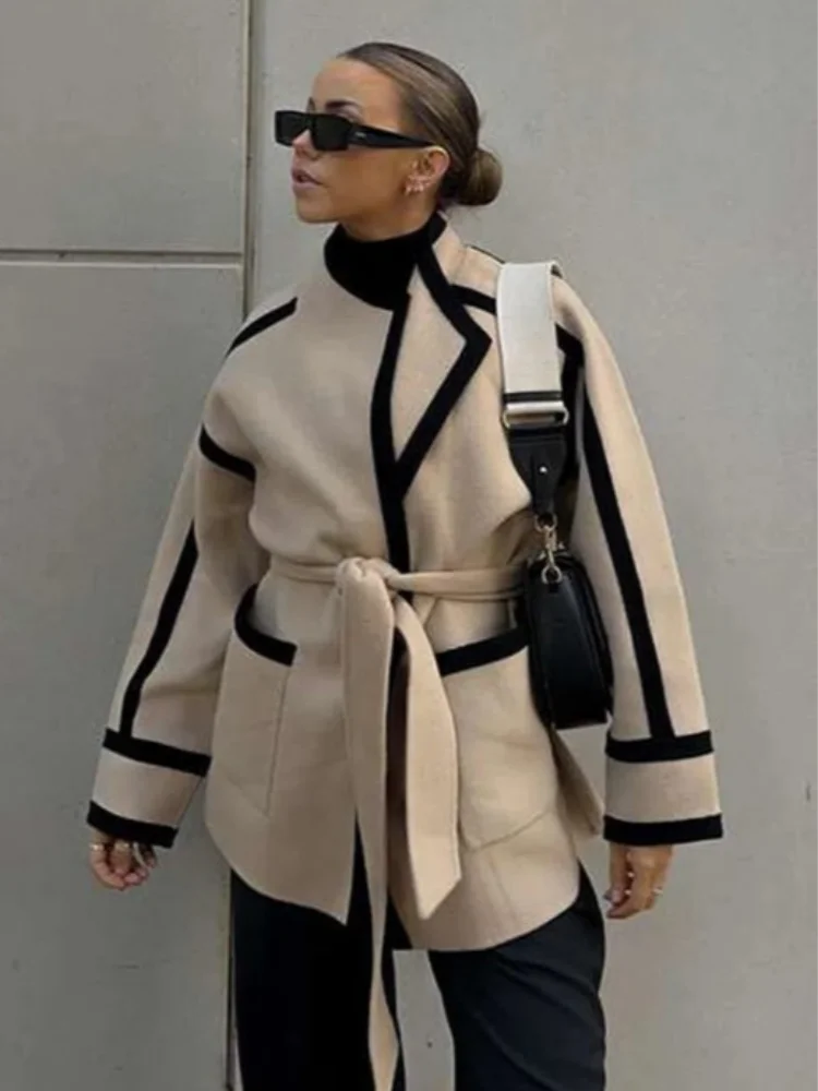 nvxiot - Casual Lace Up Women's Coat Cardigan Long Sleeve Winter Outerwears Fashion High Street Elegant Warm Jacket Female Commut Coats