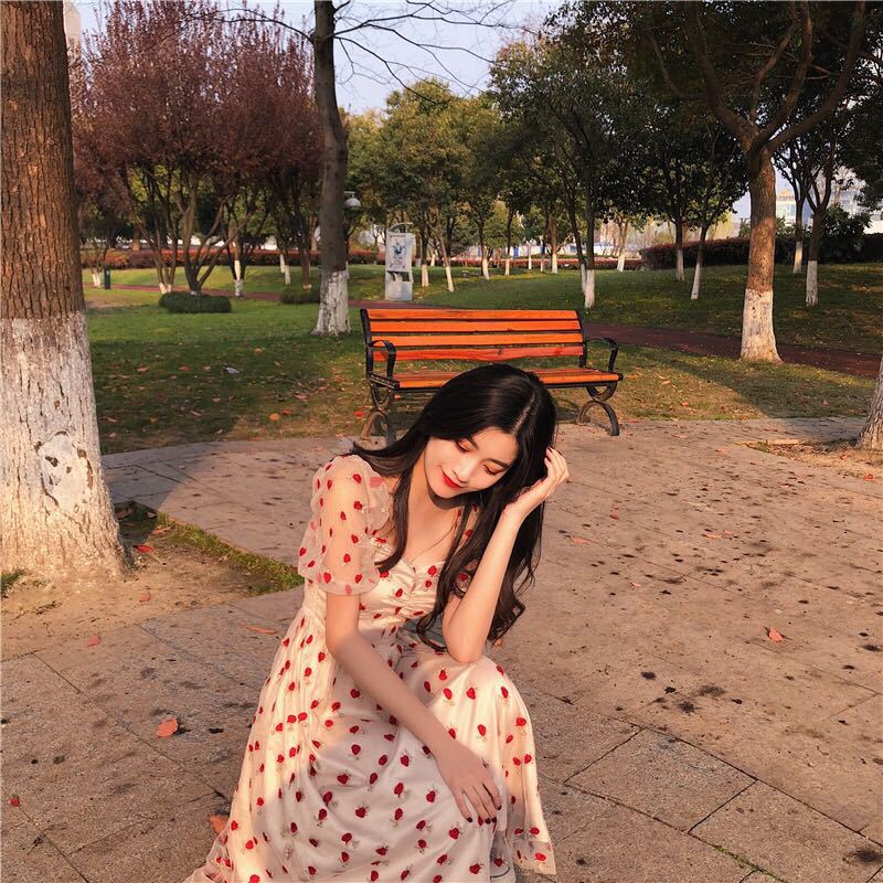 nvxiot Summer Strawberry Dress Embroidery Sexy Square Collar Midi Dresses Casual Short Sleeve Beach Party Dress Femme Vestidos Robe