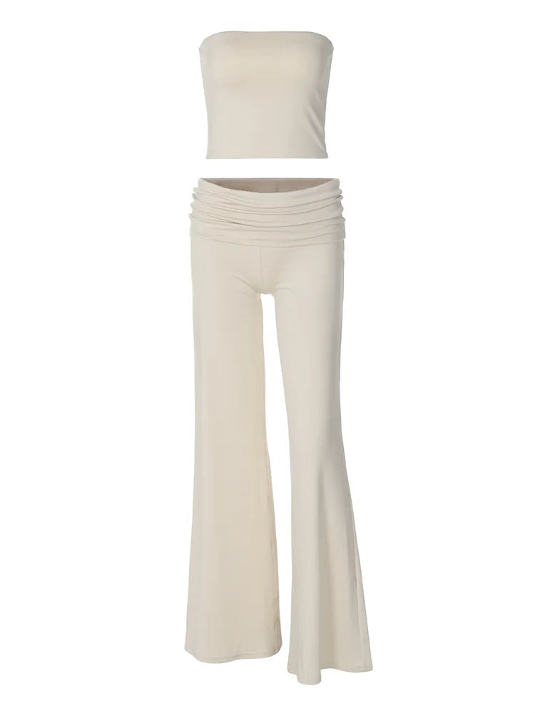 MQTIME - 2 Pieces Fold Over Flared Pants Women's Matching Sets Strapless Tube Top Trousers Solid Color Slim Outfit Leisure Suit
