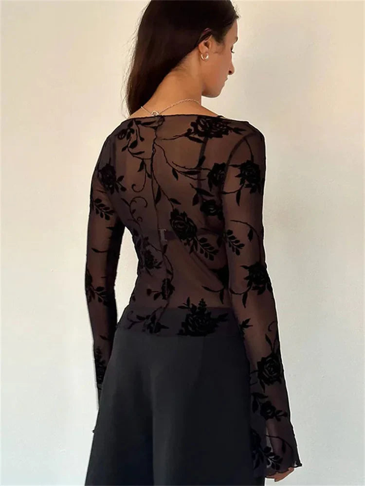 MQTIME - Sheer Mesh Patchwork Velvet Florals Crop Top Women Crew Neck Long Sleeved Slim T-shirt Hottie Autumn 2024 Streetwear