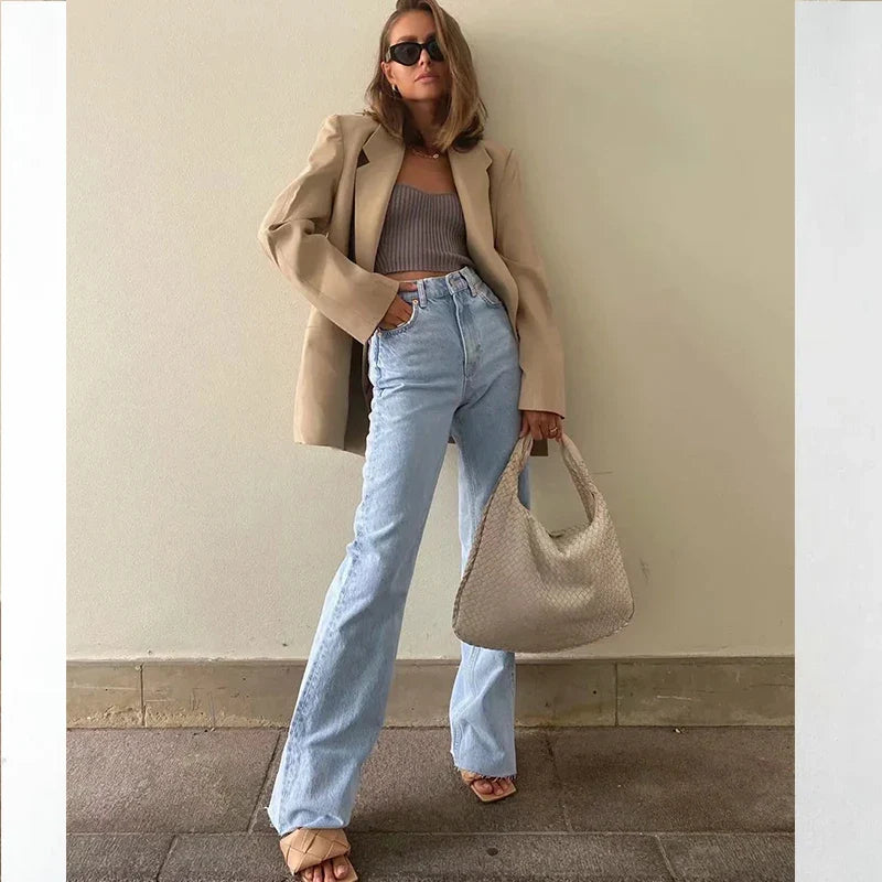 nvxiot Jeans women straight leg new high-waisted landing loose casual wide-leg pants simple street fashion women's denim trousers