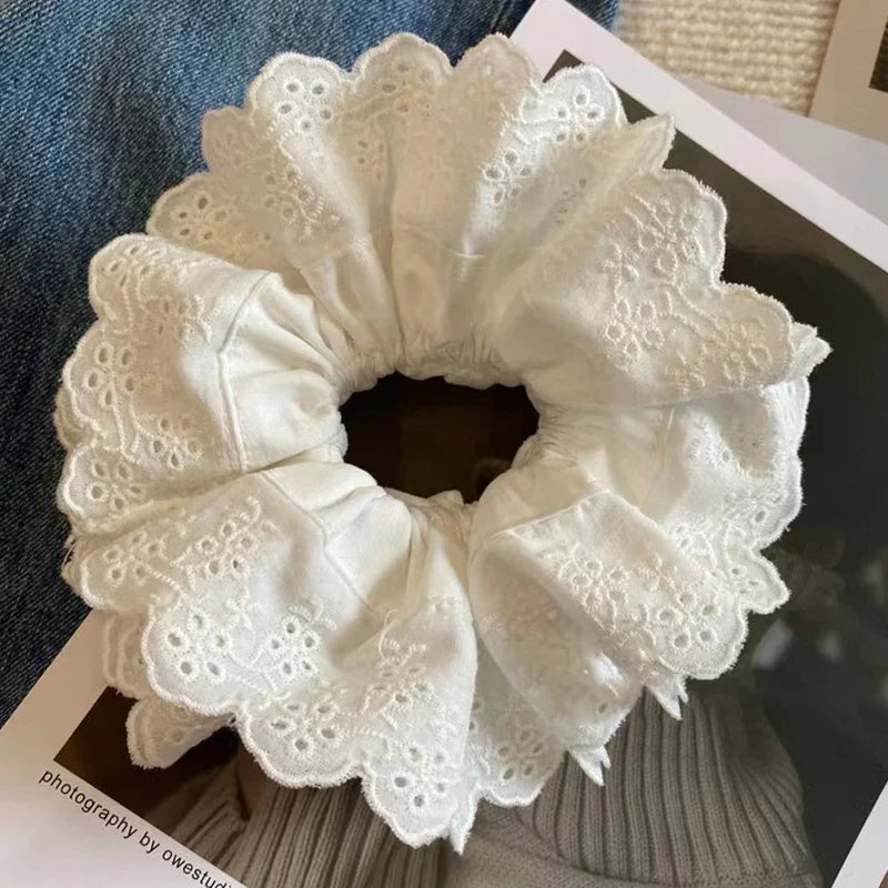 nvxiot - Retro Korean Flower Lace Scrunchies Four Layer Women Girls Exquisite Elastics Plaid Large Intestine Hair Holder Sweet INS Access