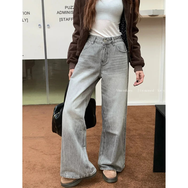 nvxiot - Summer Grey Womens Jeans High Waist Baggy Casual Vintage Y2K Trend Straight Cargo Pants Street American Wide Leg Denim Trouser