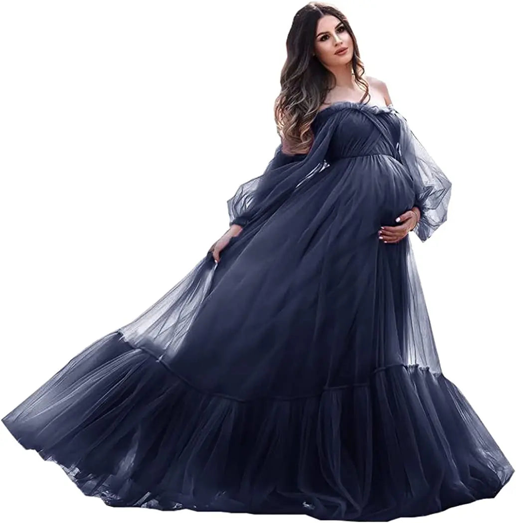 nvxiot - Puffy Sleeve Maternity Dress Tulle Robe With Underskirt for Photoshoot Off Shoulder Pregnancy Baby Shower Gown