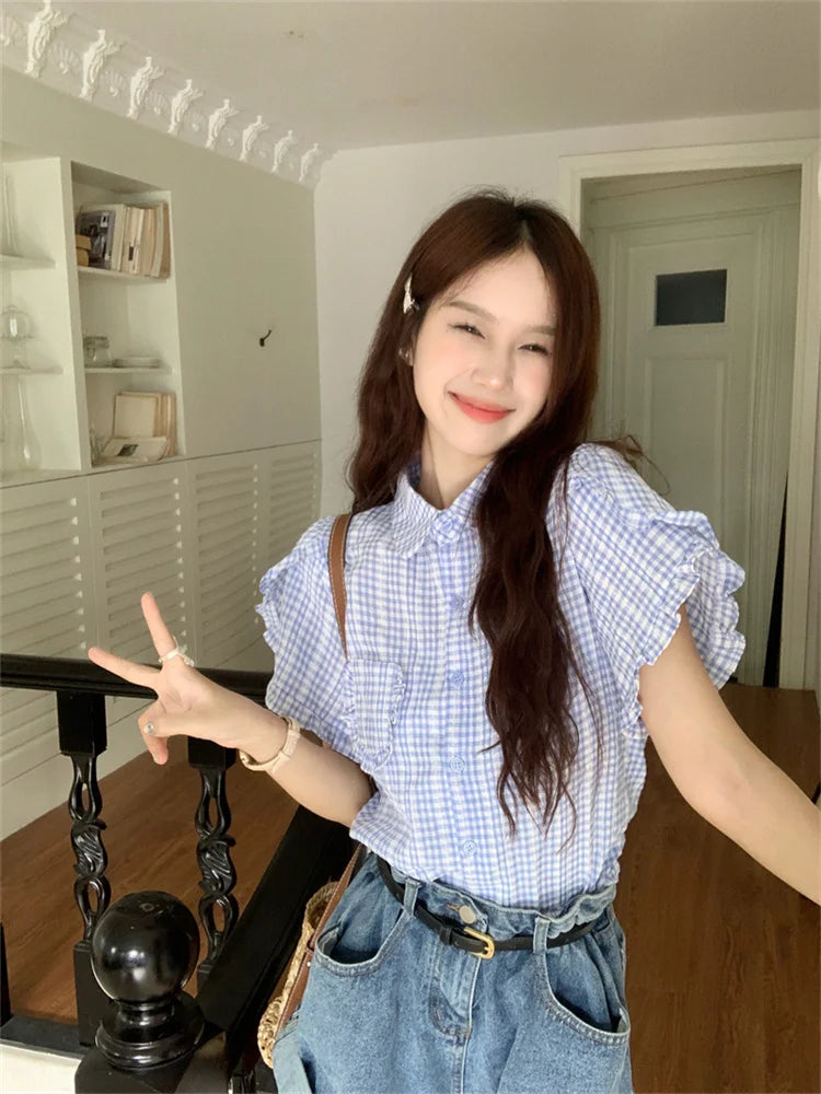 nvxiot - Japanese Style Short Sleeved Shirt for Women Spring Summer New Small Figure Niche Plaid Top Sweet Girls Blouse Cute Y2k Blusa