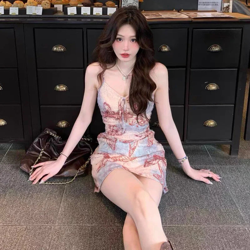 nvxiot - Elegant Vintage Slim Print Midi Dresses for Women Sleeveless Spaghetti Strap Red Butterfly Fashion Women's Clothing Summer 2024