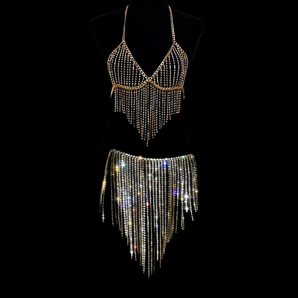 nvxiot - Sexy Luxury Maternity Photography Props Dresses Shiny Body Chain Rhinestone Tassel Skirt Photography Studio Accessories