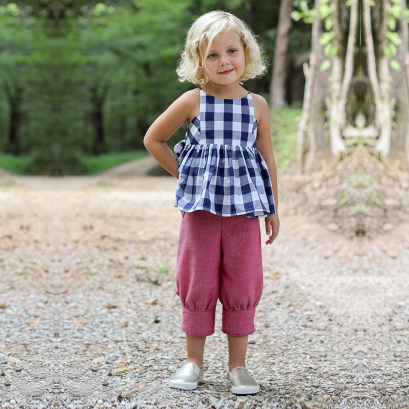 nvxiot 100% Quality Linen Girls Plaid Tops Summer New Children's Sleeveless Casual Loose Design Handmade Blouse TZ067