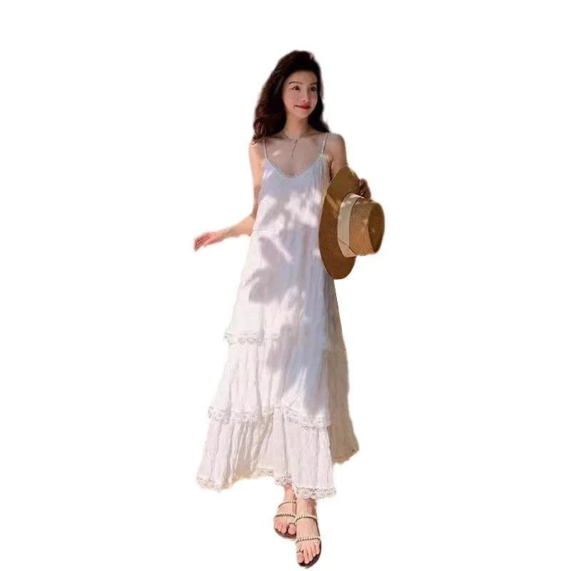 MQTIME - Fairy White Dress Seaside Vacation Beach Dress Premium French Long Halter Summer Loose Dress