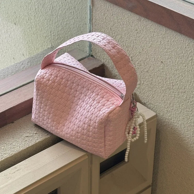 nvxiot - Pink Sweet Handbags for Women Weave Pattern Pu Leather Cosmetic Bag Portable Fashion Small Cute Elegant Ladies New in Bag