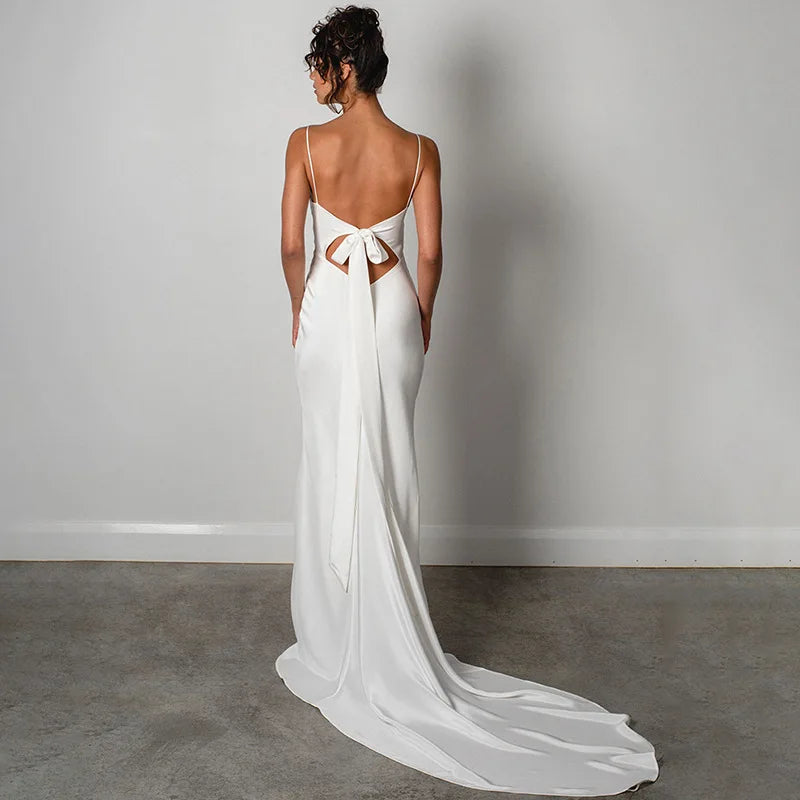 MQTIME - White Mermaid Wedding Dresses Spaghetti Straps Side Slit Bridal Gowns Court Train Formal Occasion Wedding Dress