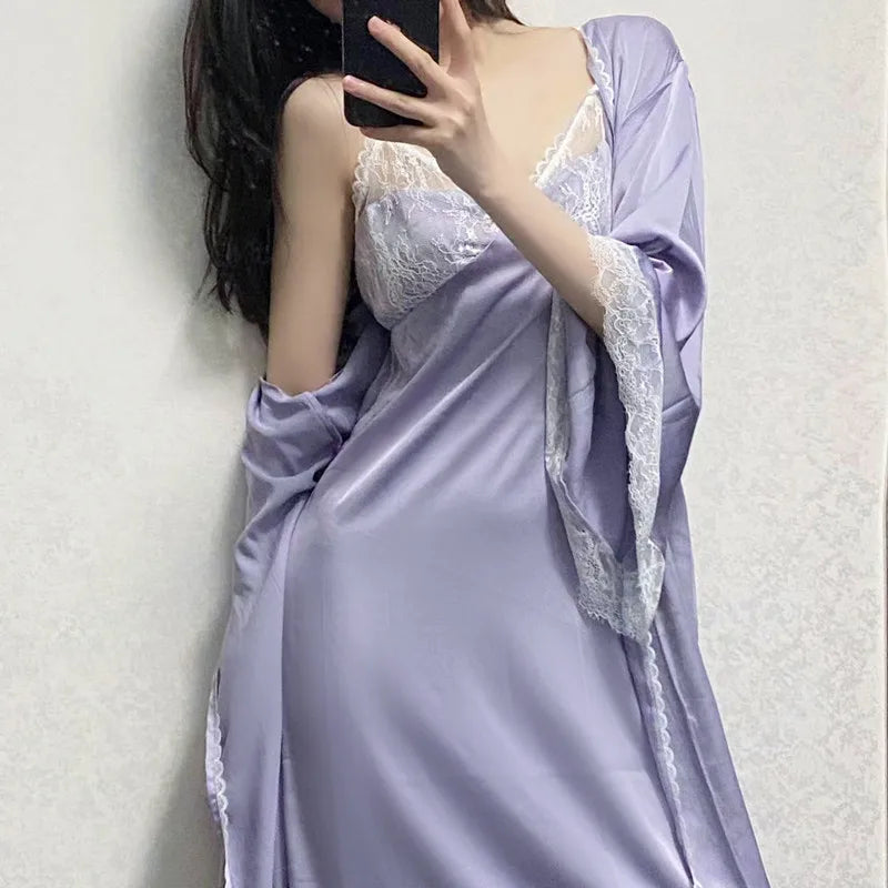 MQTIME - Female Twinset Robe Set Kimono Bathrobe Gown Sexy Backless Suspender Nightgown Lingerie with Bra Spring Summer Satin Home Dress