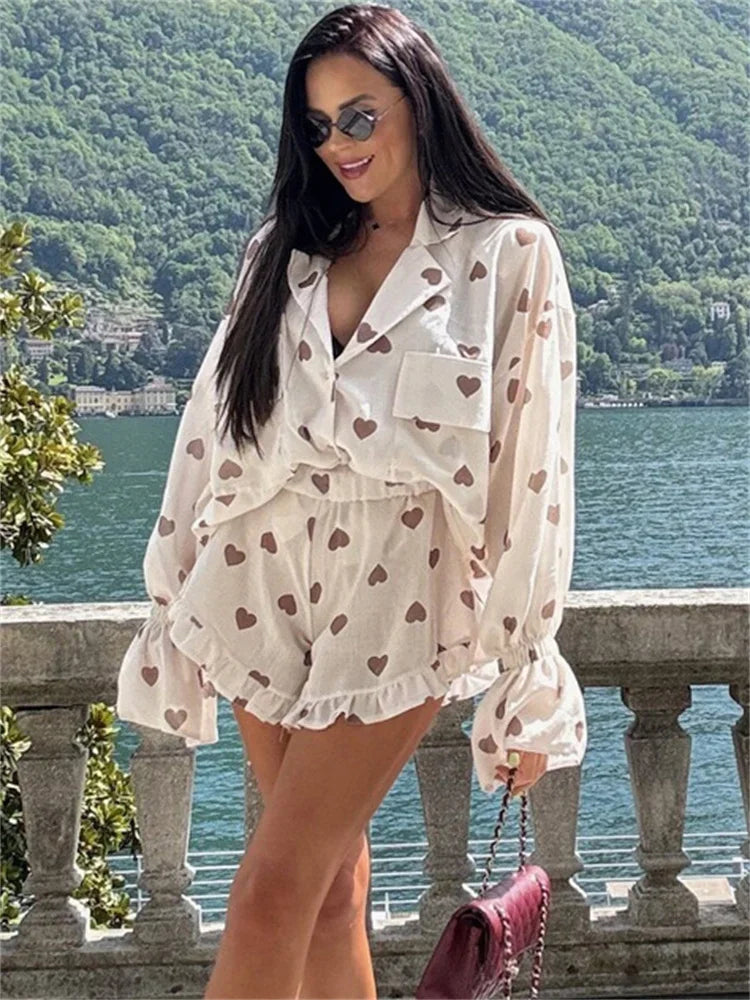 nvxiot - Autumn 2 Piece-Set Shorts For Women Printed Pocket Shirts And High Waist Slim Shorts Sets Female Casual Contrast Outfits