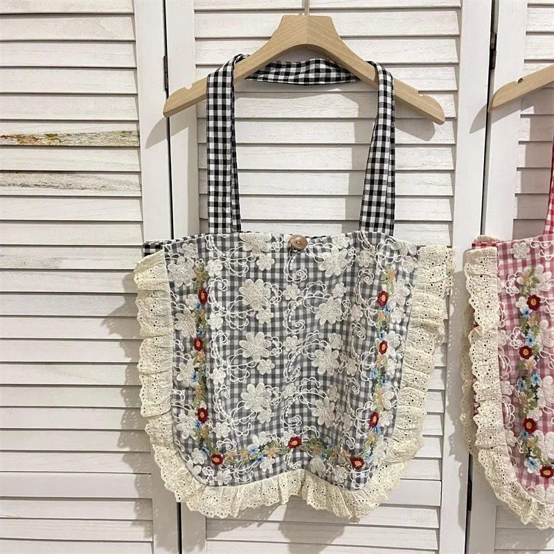 nvxiot - Women Vintage Plaid Lace Embroidery Single Shoulder Bags Totes Women's Soft Floral Cotton Large Capacity Bag