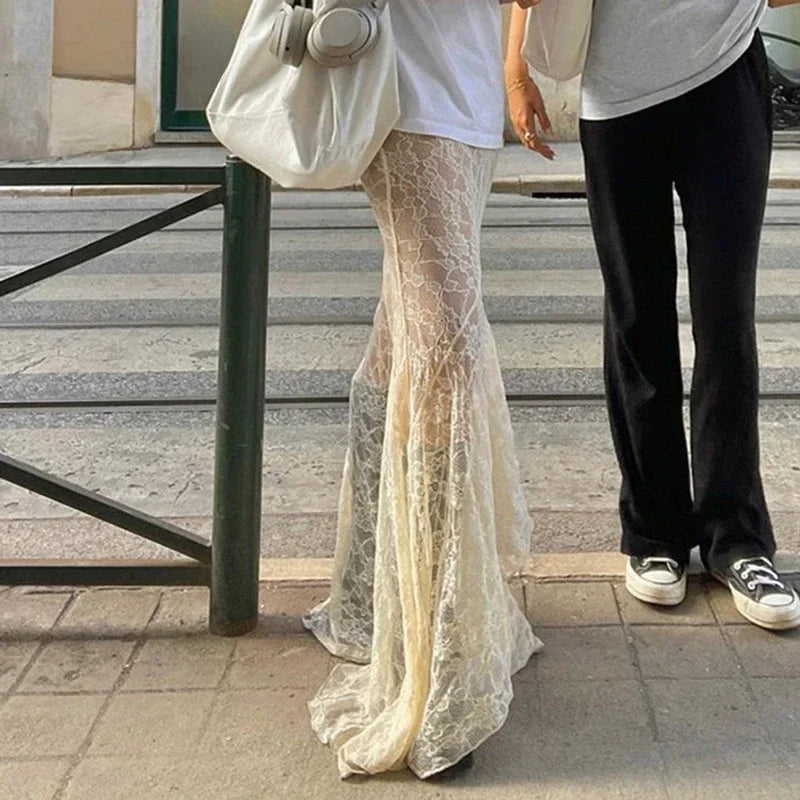 MQTIME - Semi Sheer Midi Long Skirt with Two Layer Lace Trumpet Mermaid Maxi Skirts @e-girl fairycore 2000s grunge goth aesthetic korean