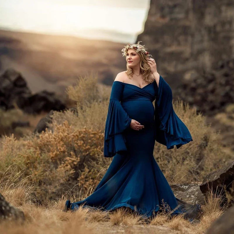 nvxiot - Silk Cotton Maternity Photography Dresses Solid V-neck Ruffle Edge Sleeve Taildress Long Soft Cozy High Waisted Retro Long Dress