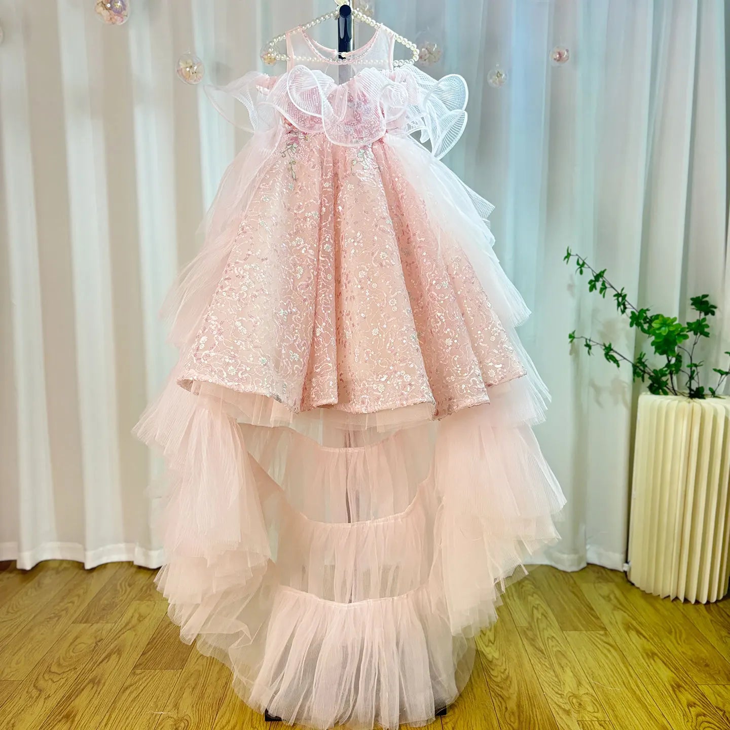 MQTIME - Sparkly Arabic Pink Girl Dress Beaded Pearls Dubai Kids Princess Birthday Wedding Party Ball Formal Gown 2024 J047
