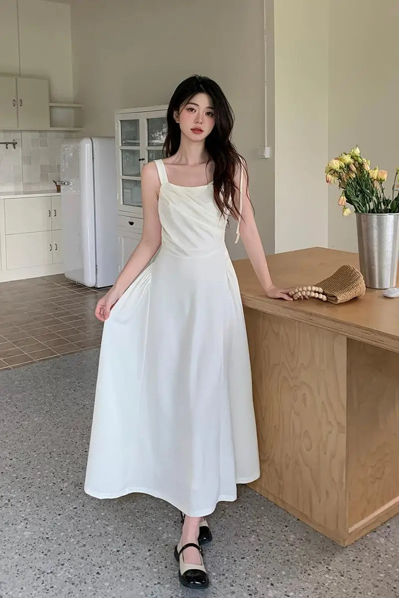MQTIME - 2024 Summer New Design Sense Large Sling Dress Solid Color Versatile Sleeveless Pleated Long Short Skirt for Women