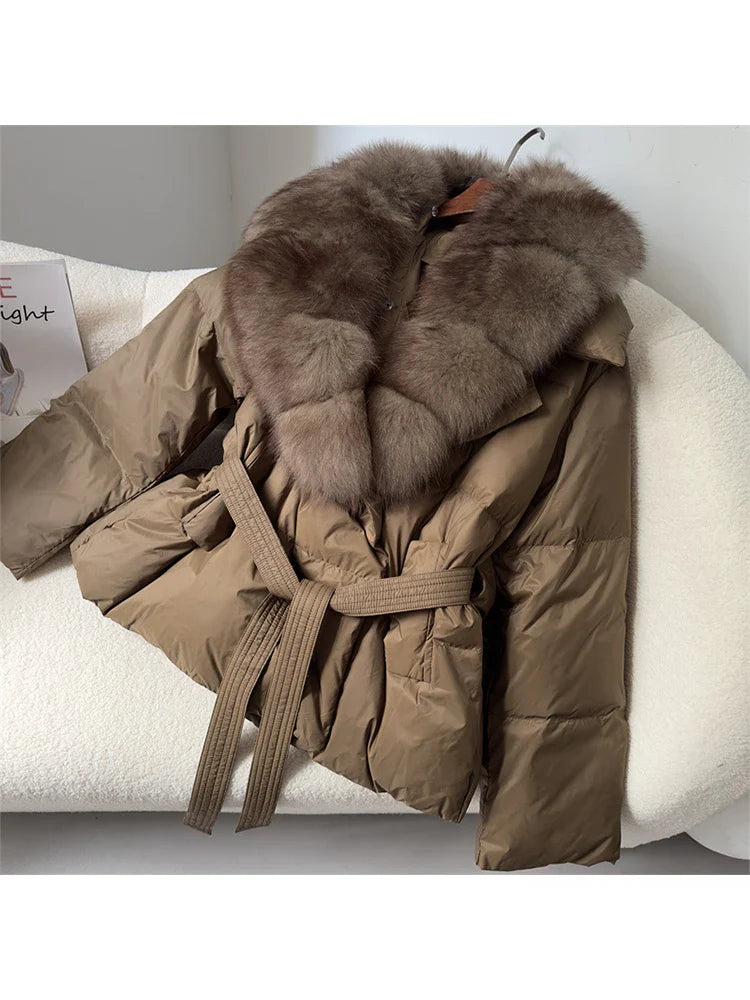 MQTIME - 2024 Autumn Winter Women 90% White Duck Down Jacket Fox Fur Coat Parkas Feather Short Puffer Coat