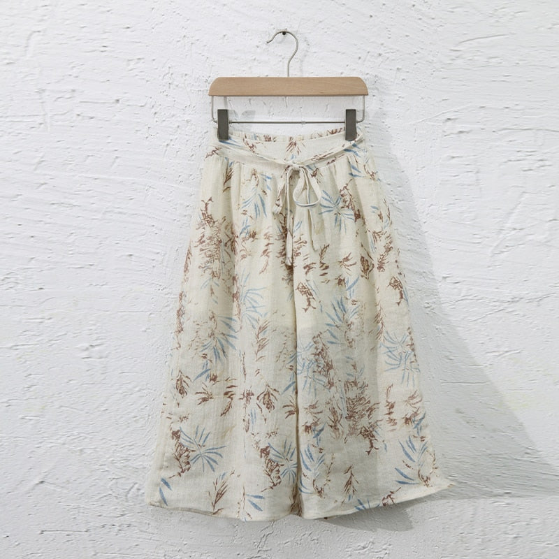 nvxiot Vintage 100% Linen Flower Print Girls Wide Leg Pants 2022 Summer New Children's Elastic Waist Casual Loose Trousers TZ080
