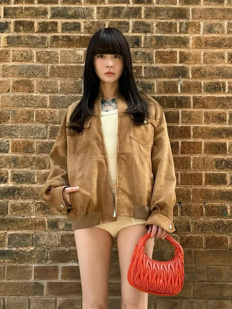 nvxiot - New Suede Zipper Thin Jacket Women Classic Solid Color Loose Pockets Coats Female Autumn Retro Casual Short Jackets Outwear