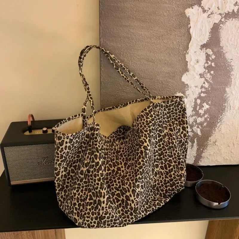 MQTIME - Vintage Leopard Print Tote Bag Handbag Women Retro Large Capacity Casual Shoulder Bags Female Harajuku Canvas Y2k Bags