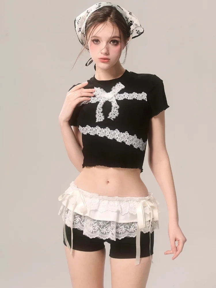nvxiot - Lace Patchwork Black Shorts Women Bow Elastic Waist Sexy Girl Tight Short Pants Summer Ballet Style Chic Kawaii Clothes