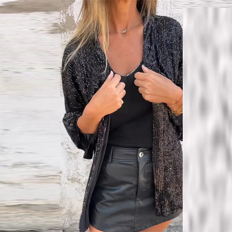 MQTIME - 2024 Women's Elegant Commuting Coat Spring Autumn Thin Sequined Long Sleeved Cardigan Fashion V-neck Solid Color Slim Fit Jacket