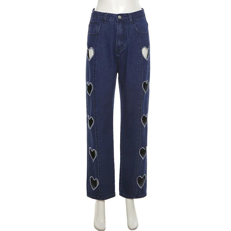 nvxiot - Y2K Heart-shaped High-waist Straight-leg Cut-out Ripped Jeans Women's Korean Slim-fit Trousers Casual Pants Streetwear Summer
