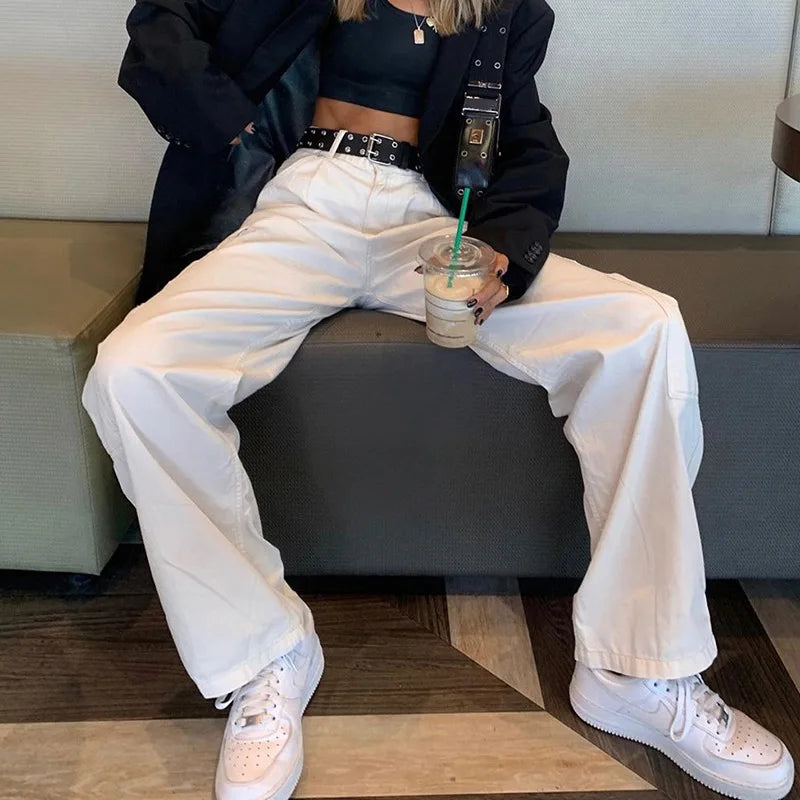 nvxiot Jeans women new casual loose straight pants high waist fashion pocket casual pants women's street fashion denim trousers