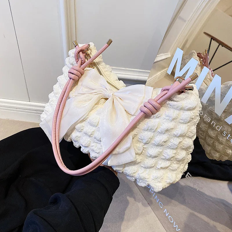 nvxiot - Fashion Pink White Handbags For Women Sweet Bow Simple Casual Shoulder Bags Ladies Daily Shopping Bag Underarm Tote Shoulder Bag