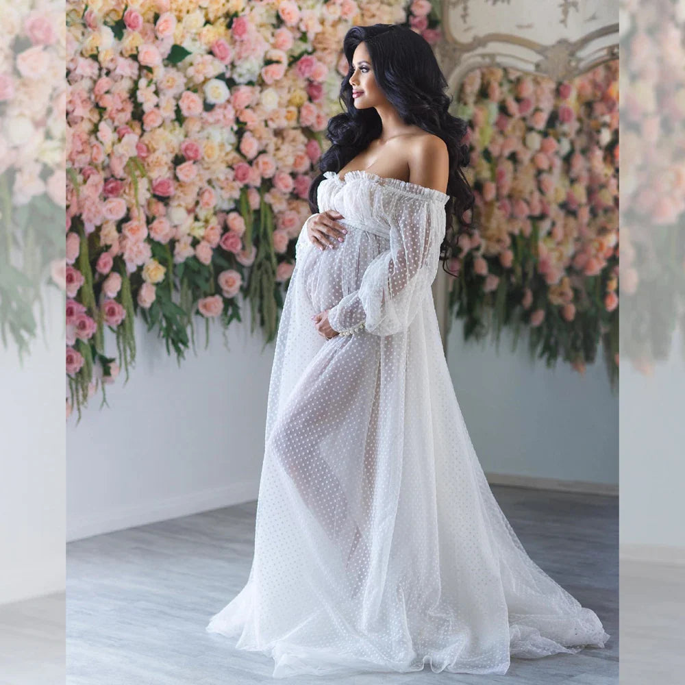 nvxiot - Maternity Photography Dresses Tulle off Shoulder Gown Boho Bridal Dot Wedding Dress Photo Shoot Photography Dress For Women