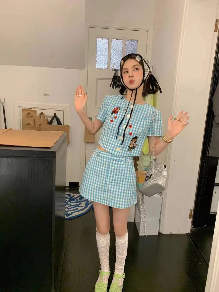 MQTIME - Summer Sweet Skirts Set Blue and White Plaid Embroidered Short Sleeve Top High Waist Short Skirt Two Piece Set Women Outfits
