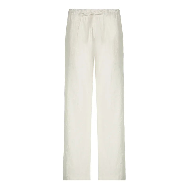 MQTIME - Casual Basic White Pants Women Baggy Low Waist Straight Trousers Solid Color Thin Wide Leg Pantalones Ladies Summer