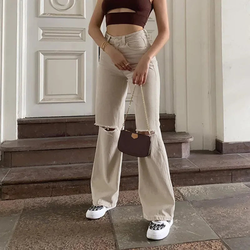 nvxiot - New Apricot Autumn Casual Wide-leg Pants with Holes In The Knees Solid Color High-waist Denim Trousers Women Streetwear