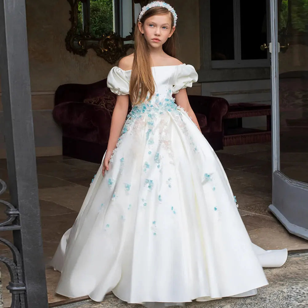 MQTIME - Luxury White Girl Dress 3D Flowers Satin Princess Dubai Kids Wedding Birthday Communion Party Elegant Gown 2024 J295