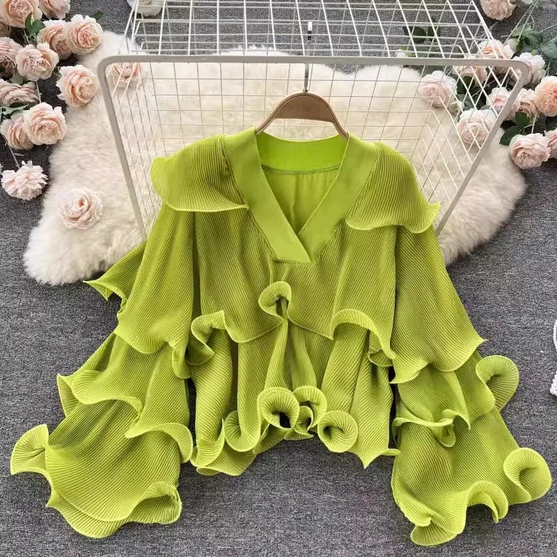 nvxiot - White Chiffon Ruffles Maternity Photography Tops Shirts Long Sleeve V Neck Pleats Chiffon Shirts For Pregnancy Photoshoot Blouse