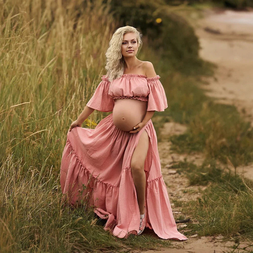 nvxiot - Women Boho Dress Comfortable Linen Cotton Maternity Clothing Vintage Short Sleeve Dress For Pregnancy Photo Shoot