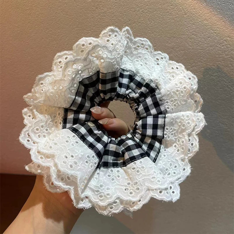nvxiot - Retro Korean Flower Lace Scrunchies Four Layer Women Girls Exquisite Elastics Plaid Large Intestine Hair Holder Sweet INS Access