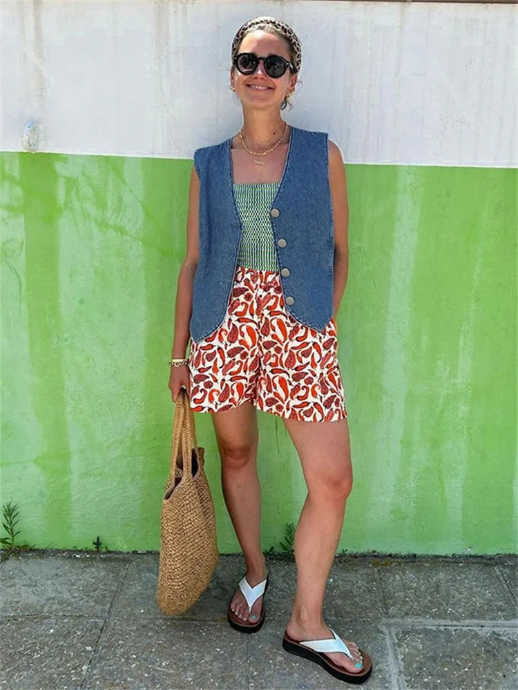 nvxiot - Denim V-Neck Vestidos Outwear Female Sleeveless Casual High Waist Jean Streetwear Patchwork Cardigan Y2k Top Women's Vests