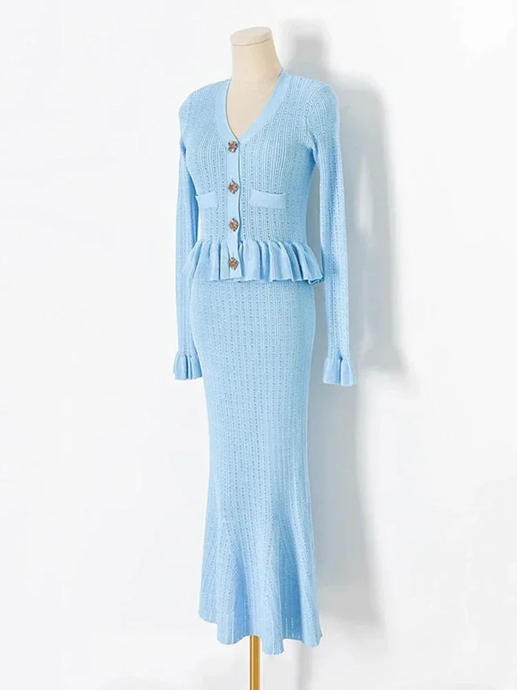 nvxiot - Ruffled Fashion Knit Maxi Dress Women's 2 Piece-Set V-Neck Hollow Out Patchwork Elegant Party Dress Female Knitwear Dress