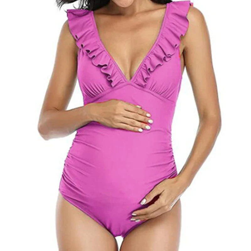 nvxiot - Maternity Swimsuit One Piece Ruffle V Neck Swimwear Lace Up Back Bathing Suit Monokini Maternity Beach Bikini SPA