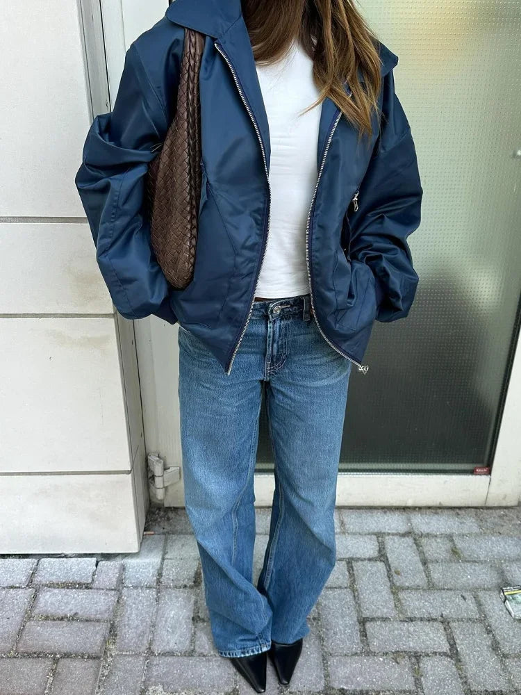 MQTIME - Fashion Zipper Lapel With Pockets Bomber Jacket Women Casual Solid Long Sleeves Short Coats 2024 Autumn Lady Street Outerwear