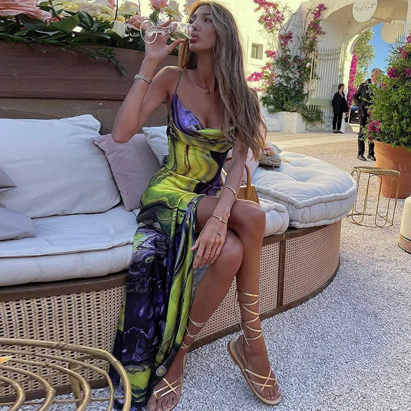 nvxiot - The New 2024 Summer Fashion Print Slim-fit Split Halter Top Strapless Dress Beach Style For Club For Party