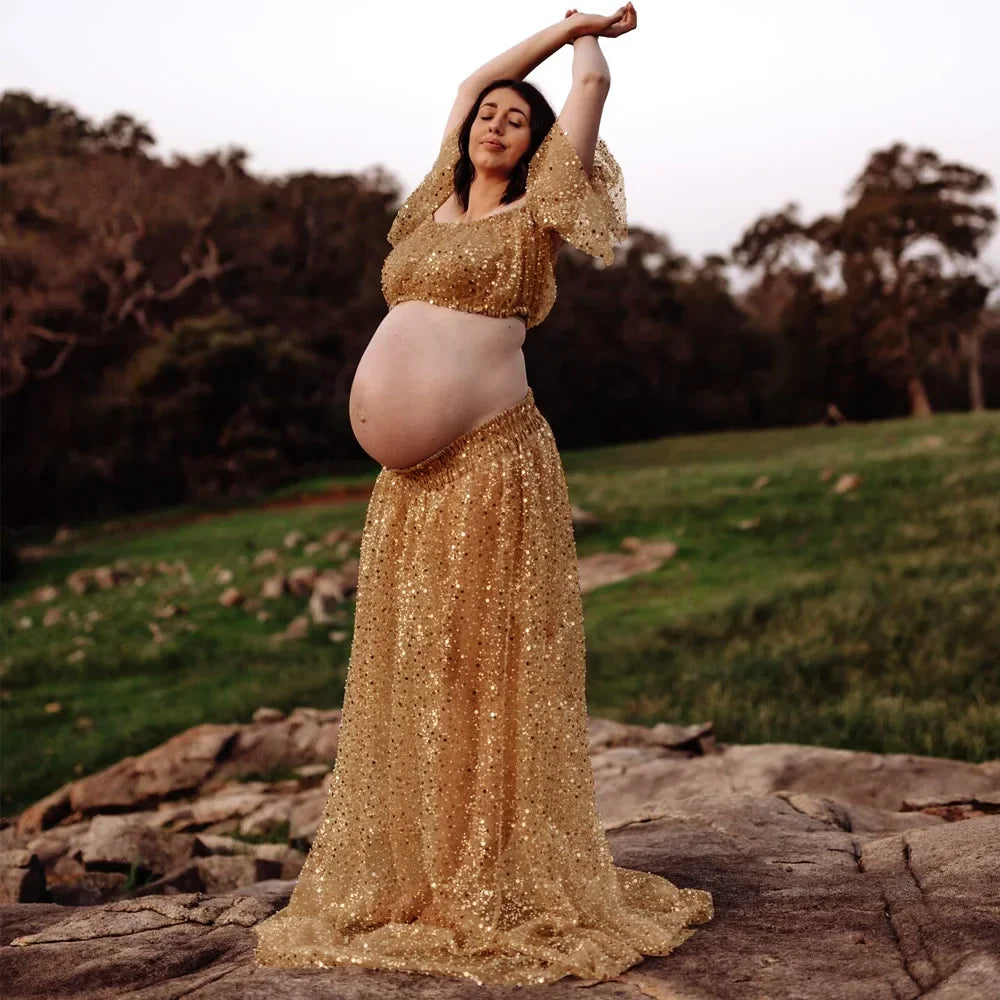 nvxiot - Golden Pearl Embroidered Hard Yarn Two Piece Set Photo Shoot Photography Dress For Women Maternity Photography Dresses