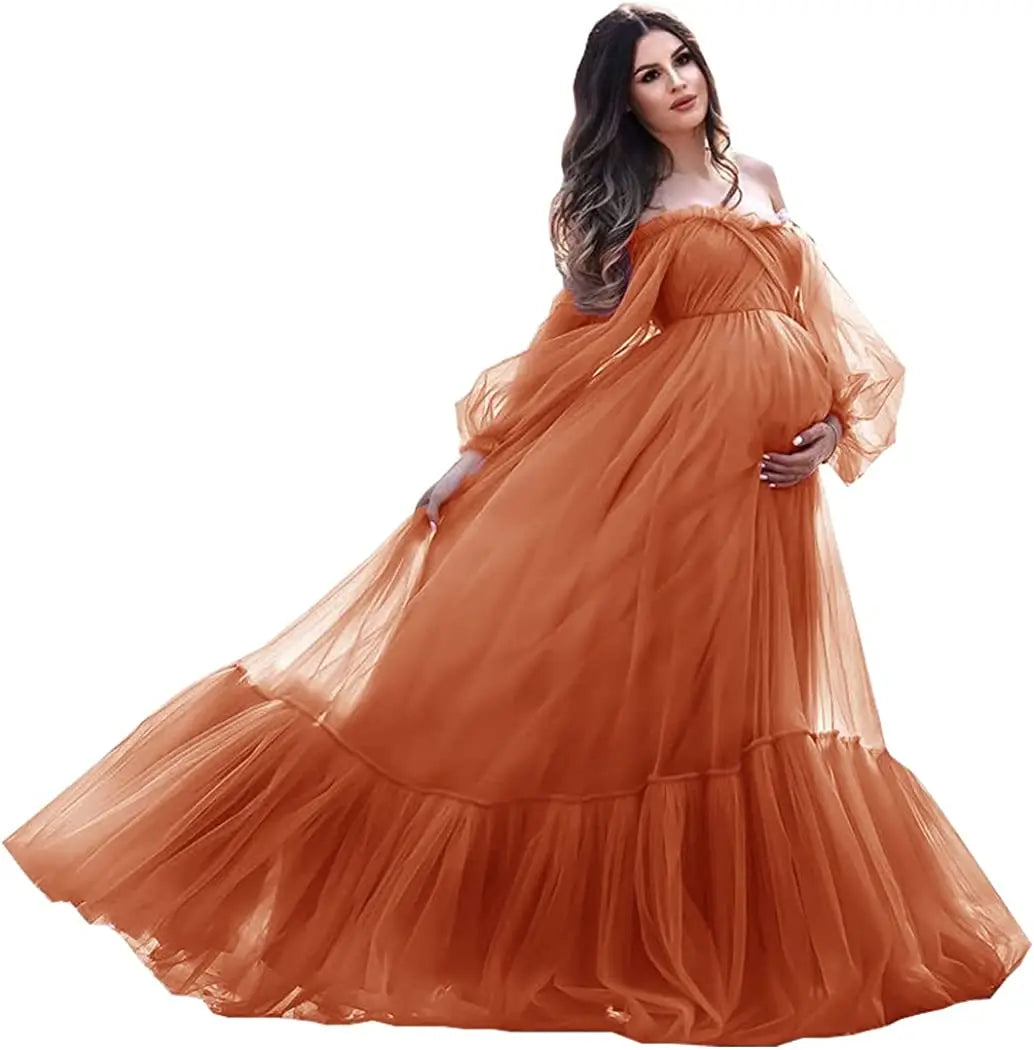 nvxiot - Puffy Sleeve Maternity Dress Tulle Robe With Underskirt for Photoshoot Off Shoulder Pregnancy Baby Shower Gown